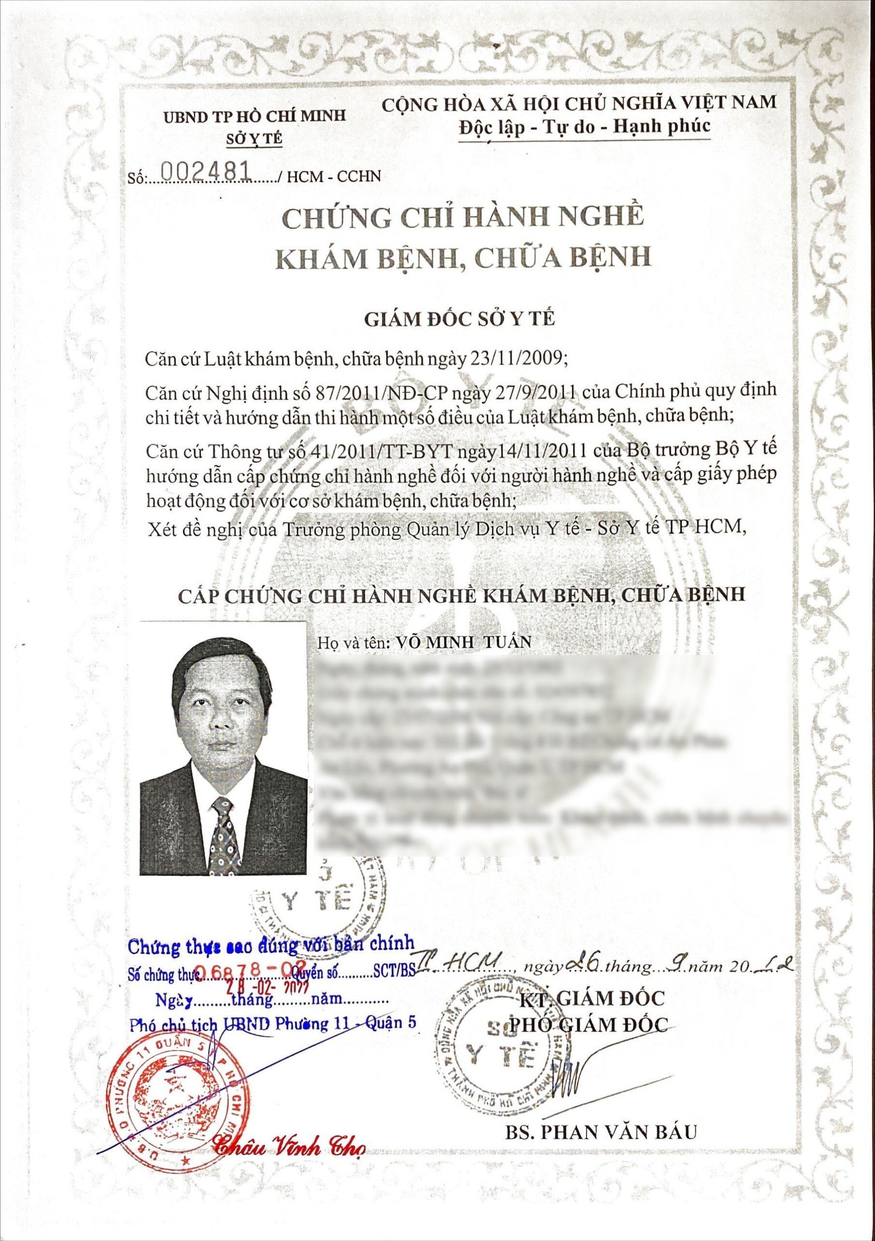 Danh sách chứng chỉ hành nghề của bác sĩ tại phòng khám