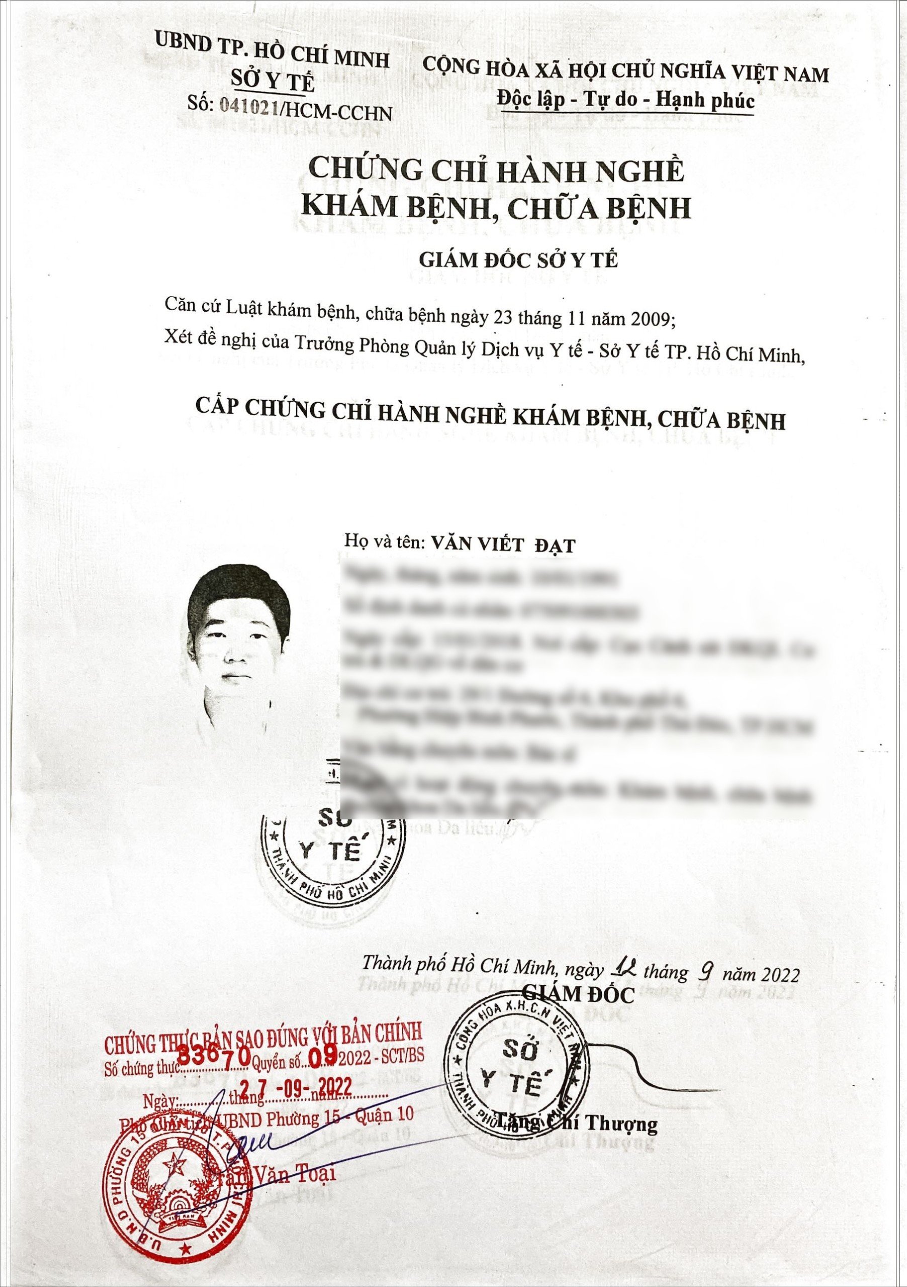 Danh sách chứng chỉ hành nghề của bác sĩ tại phòng khám
