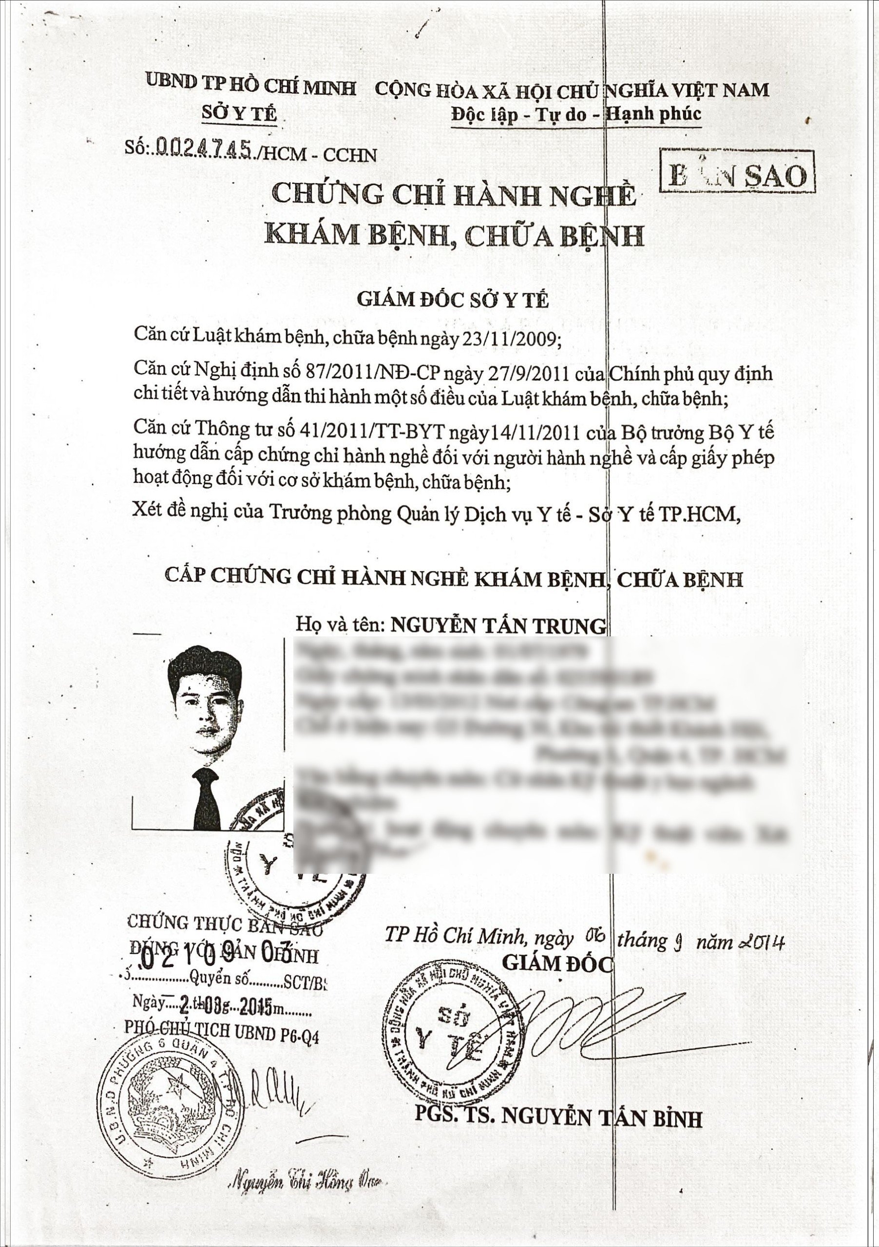 Danh sách chứng chỉ hành nghề của bác sĩ tại phòng khám