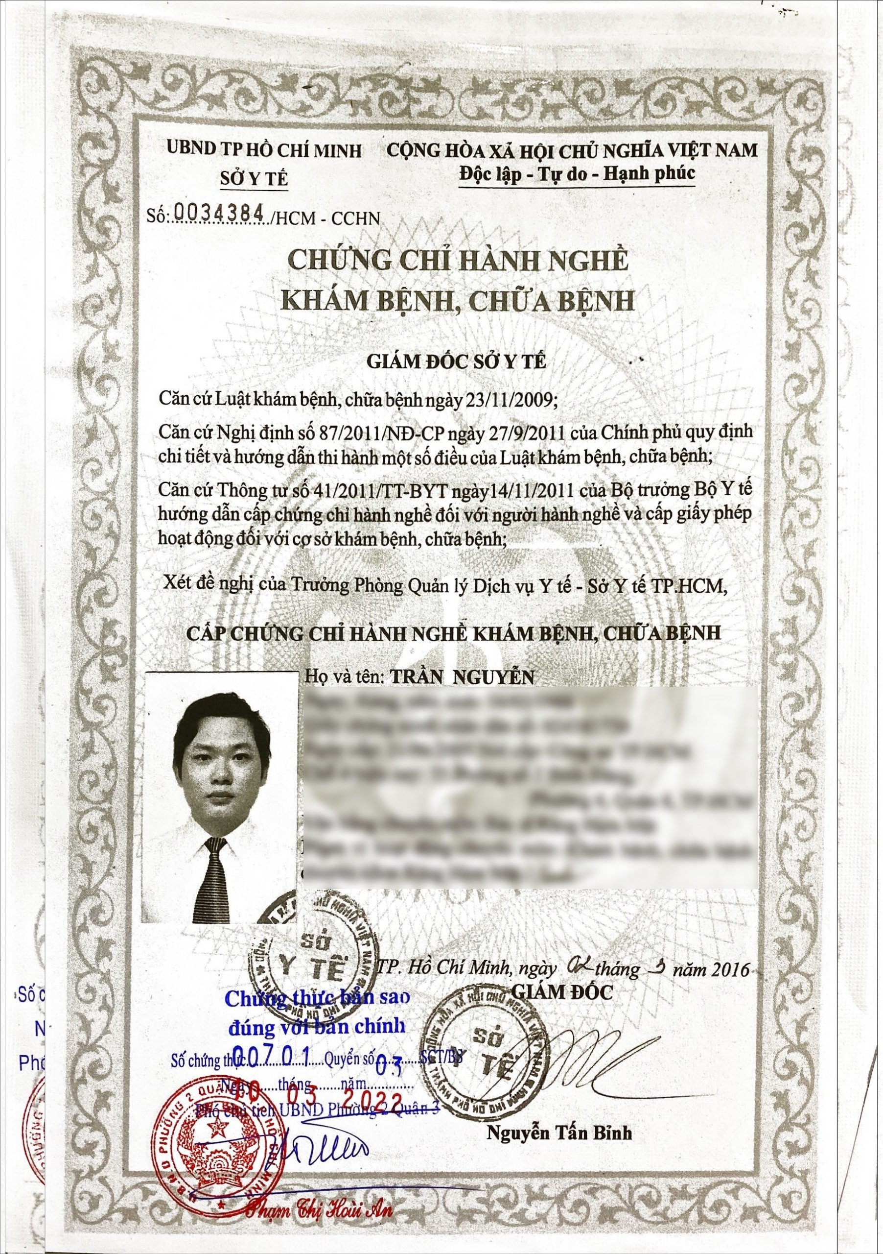 Danh sách chứng chỉ hành nghề của bác sĩ tại phòng khám