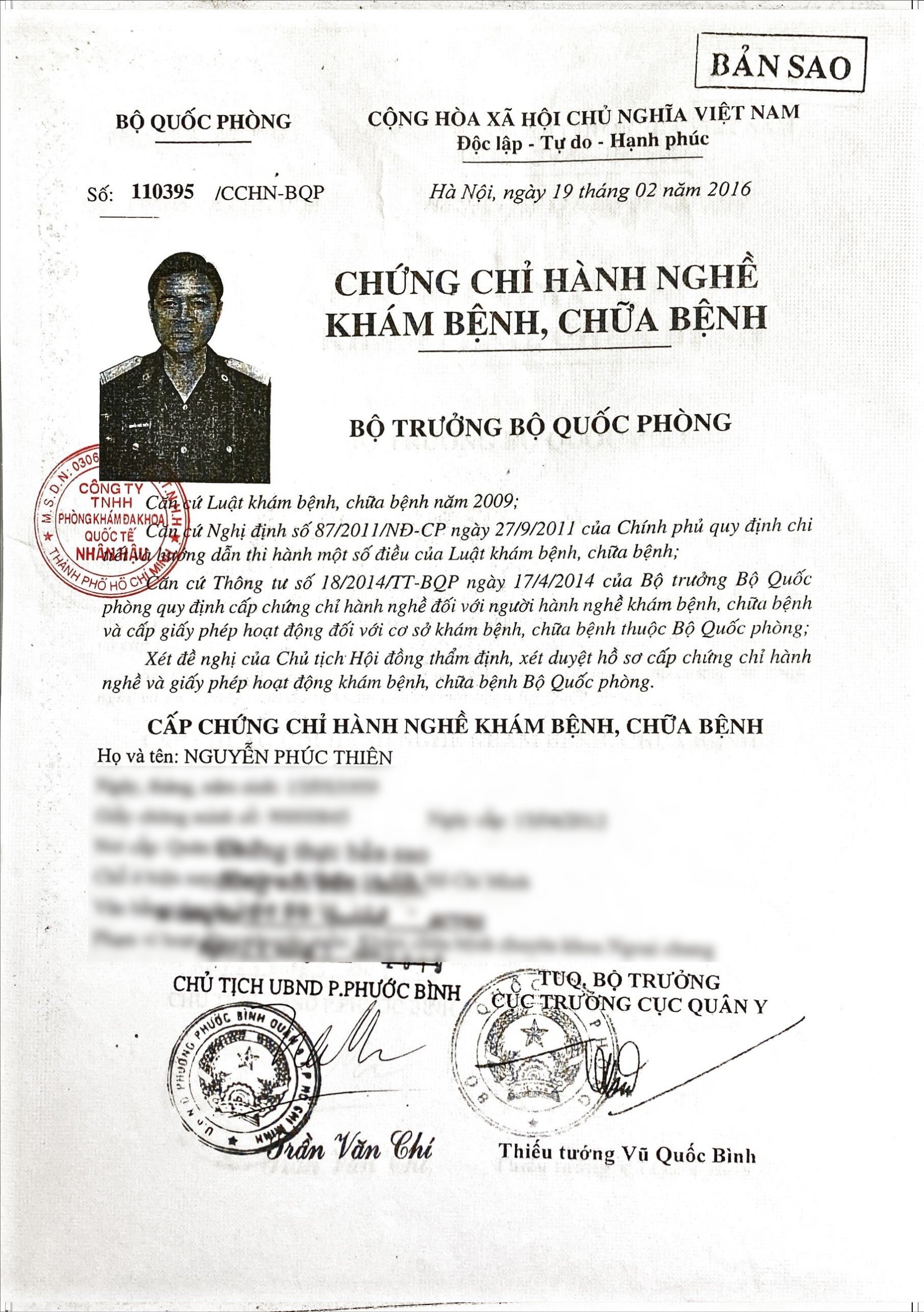 Danh sách chứng chỉ hành nghề của bác sĩ tại phòng khám